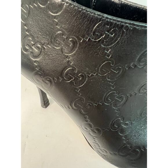 GUCCI Vintage Black Leather GG Monogram Logo Short Zip Stiletto Heel Bootie 5C W - Picture 4 of 12